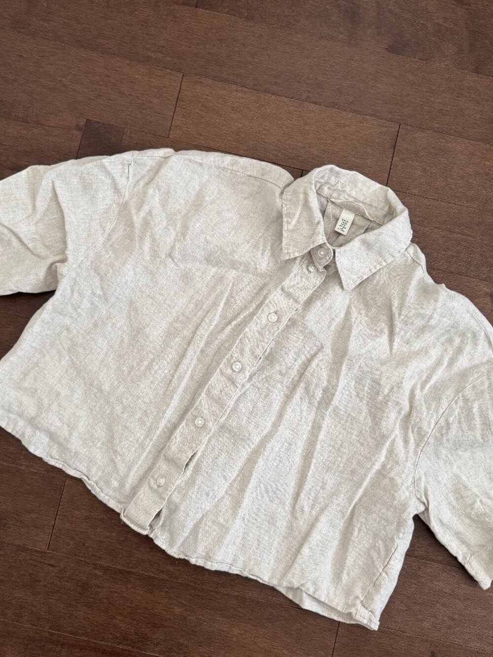 H&M Linen Cropped Button-Up Shirt Beige Short Sleeve Size XS